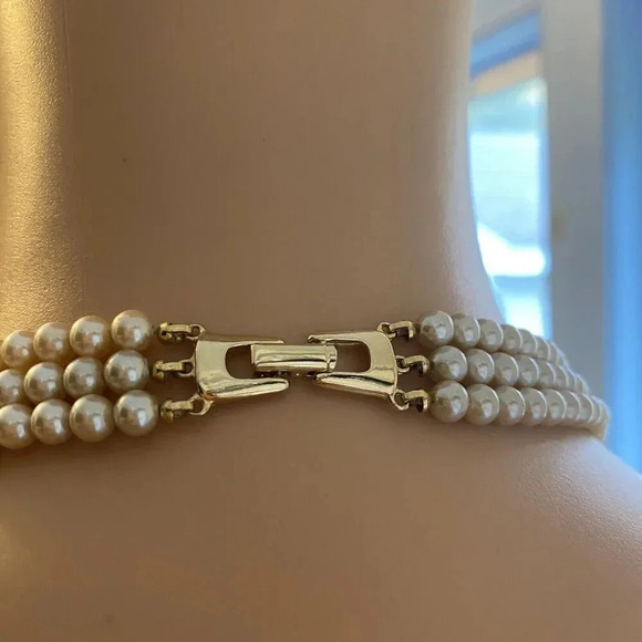VTG 3 Strand Faux Pearl Gemstone Choker Necklace Party Formal Wedding Princess - Picture 6 of 12